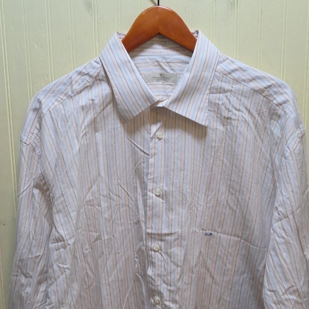 Ermenegildo Zegna Dress Shirt Mens 16.5 Beige Stripe Classic Fit Long Sleeve